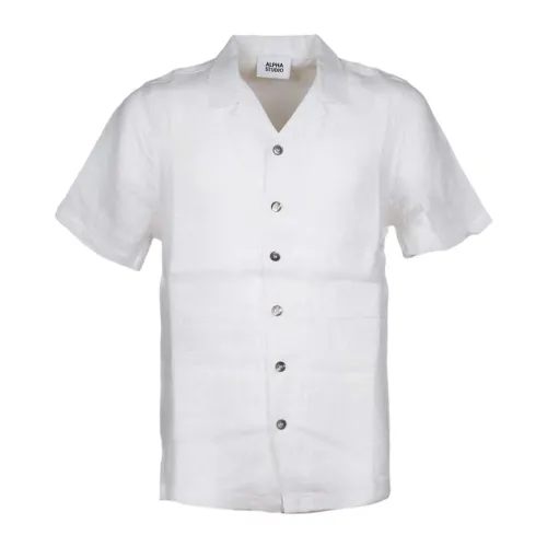 Alpha Studio , White Linen Bowling Shirt ,White male, Sizes: