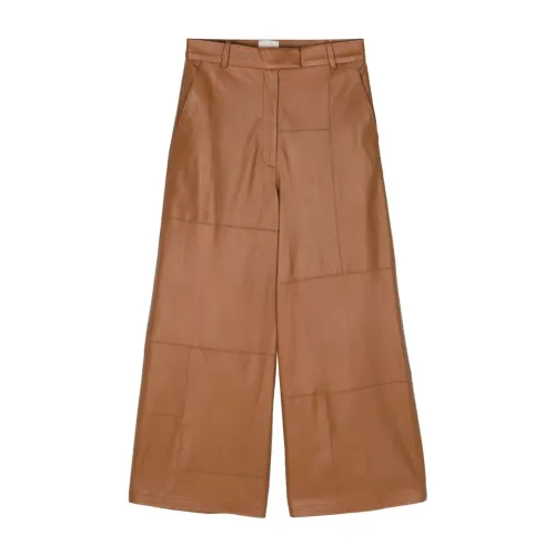 Alysi , Brown Leather Wide Leg Cropped Trousers ,Brown female, Sizes: