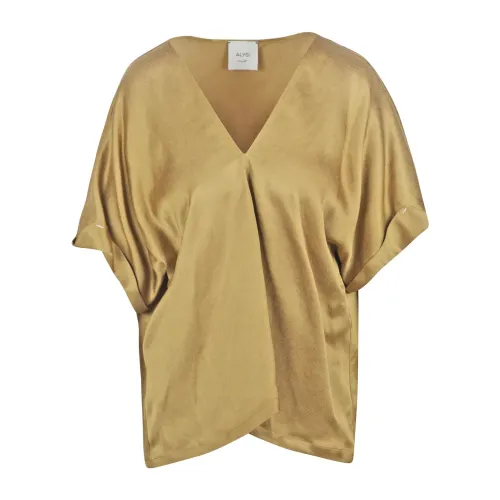 Alysi , Linen V-Neck Blouse Short Sleeve ,Yellow female, Sizes: