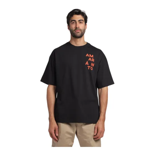 Amaránto , Fluorescent Logo Print Half Sleeve Crewneck T-shirt ,Black male, Sizes: