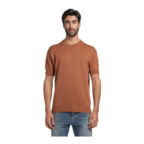 Amaránto , Half Sleeve Crew Neck Shirt with Distressed Details ,Brown male, Sizes: