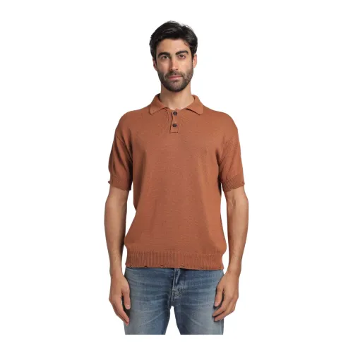 Amaránto , Knit Polo with Distressed Half Sleeves ,Brown male, Sizes: