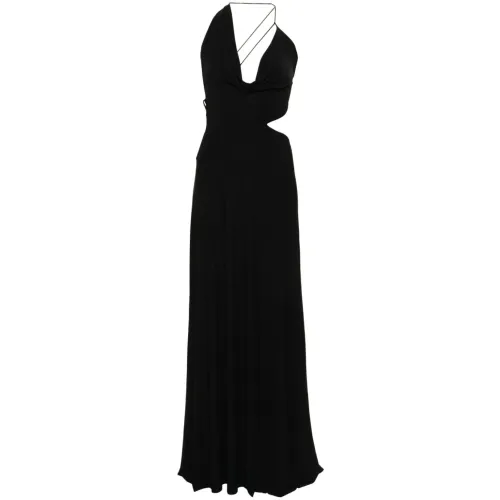 Amazuin , Asymmetrical Plunge Neck Maxi Dress ,Black female, Sizes: ONE