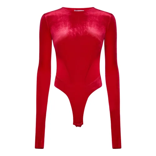 Amazuin , Red Velvet Cut-Out Bodysuit ,Red female, Sizes: ONE