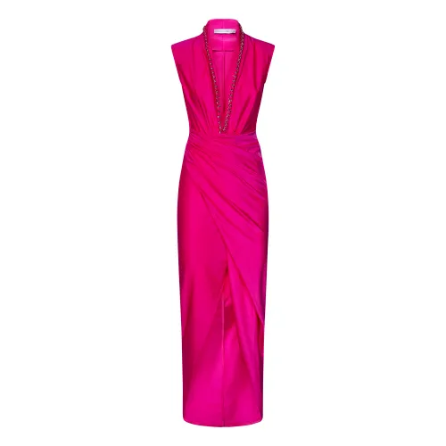 Amen , Fuchsia Plunging V-Neckline Dress with Metal Chain Detail ,Pink female, Sizes: