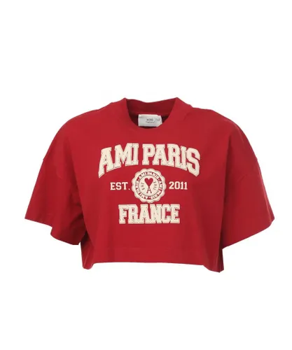 Ami Paris Womenss Logo-Print Cropped T-Shirt in Red Cotton