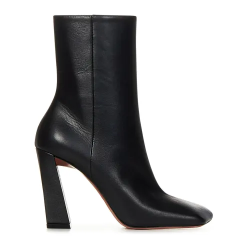 Amina Muaddi , Black Leather Boots with Zip Closure and Block Heel ,Black female, Sizes: