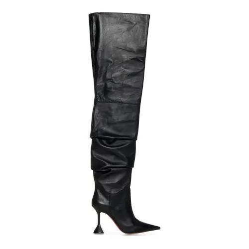 Amina Muaddi , Black Ruched Boots with Pointed Toe ,Black female, Sizes: