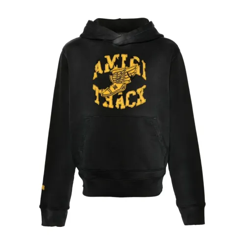 Amiri , Distressed Black Cotton Sweater with Varsity Logo Patch ,Black male, Sizes: