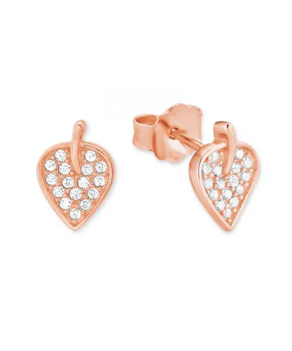 Amor Womens ear studs for ladies, sterling silver 925, synth. CZ leaf - Rose Gold Silver (archived) - One Size