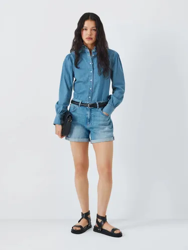 AND/OR Dempsey Frill Neck Denim Shirt, Mid Blue - Mid Blue - Female