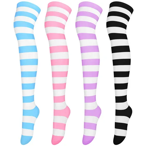 ANECO 4 Pairs Over Knee High Stripe Socks Stripe Thigh High