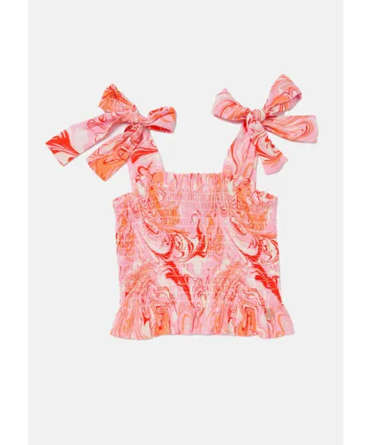 Angel & Rocket Girls Etta Shirred Marble Print Top - Pink Viscose