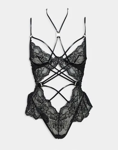 Ann Summers Affectionate ouvert lace and strapping detail teddy bodysuit in black