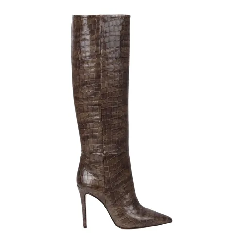 Anna F. , Glossy Crocodile-Effect Knee-High Boots ,Gray female, Sizes: