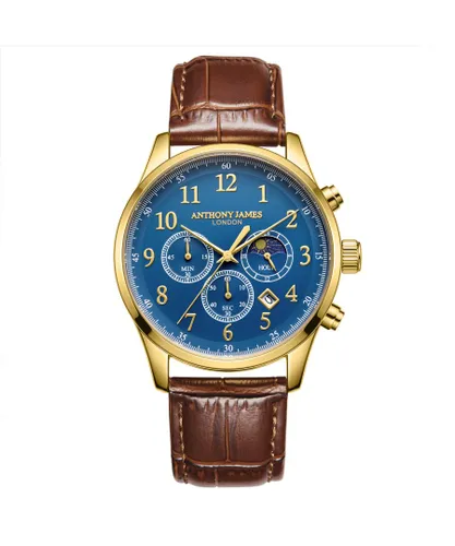 Anthony James Mens Hand Assembled Moonphase Chronograph Gold Blue Leather - One Size
