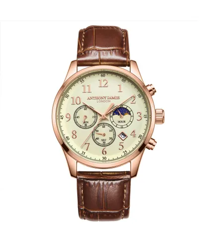Anthony James Mens Hand Assembled Moonphase Chronograph Rose White Leather - One Size