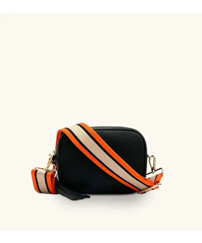 Apatchy London Womens Black Leather Crossbody Bag With Orange, Tan & Stripe Strap - One Size