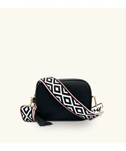 Apatchy London Womens Black Leather Crossbody Bag With & Red Aztec Strap - One Size