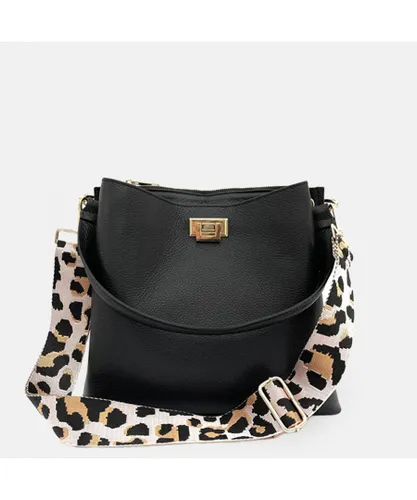 Apatchy London Womens Black Leather Tote Bag With Pale Pink Leopard Strap - One Size