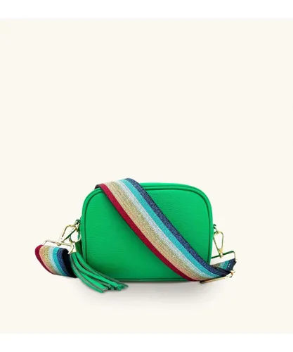 Apatchy London Womens Bottega Green Leather Crossbody Bag With Rainbow Strap - One Size