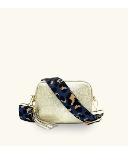Apatchy London Womens Gold Leather Crossbody Bag With Navy Leopard Strap - One Size