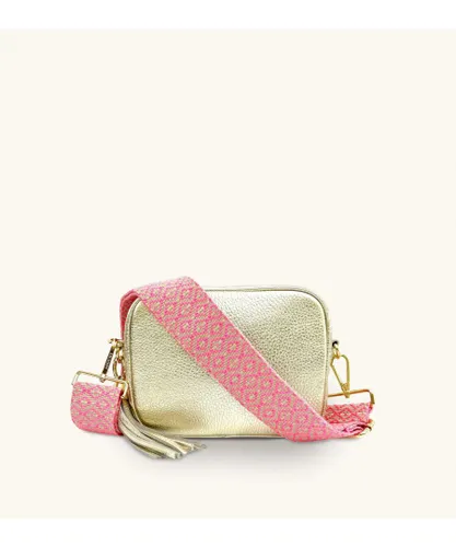 Apatchy London Womens Gold Leather Crossbody Bag With Neon Pink Cross-Stitch Strap - One Size
