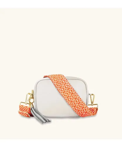 Apatchy London Womens Light Grey Leather Crossbody Bag With Orange Cross-Stitch Strap - One Size