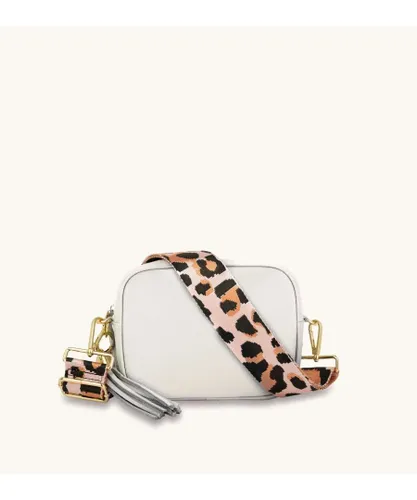 Apatchy London Womens Light Grey Leather Crossbody Bag With Pale Pink Leopard Strap - One Size
