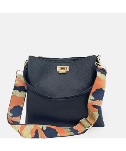 Apatchy London Womens Navy Leather Tote Bag With Orange Camo Strap - One Size