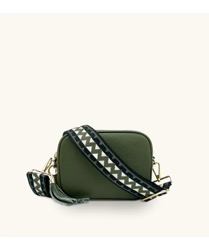 Apatchy London Womens Olive Green Leather Crossbody Bag With & Black ZigZag Strap - One Size