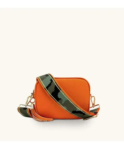 Apatchy London Womens Orange Leather Crossbody Bag With & Gold Stripe Camo Strap - One Size