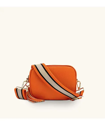 Apatchy London Womens Orange Leather Crossbody Bag With Tan & Black Stripe Strap - One Size