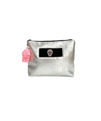 Apatchy London Womens Silver Snakeskin Wash Bag With Flower Skull & Neon Pink Tassel Faux Leather - One Size