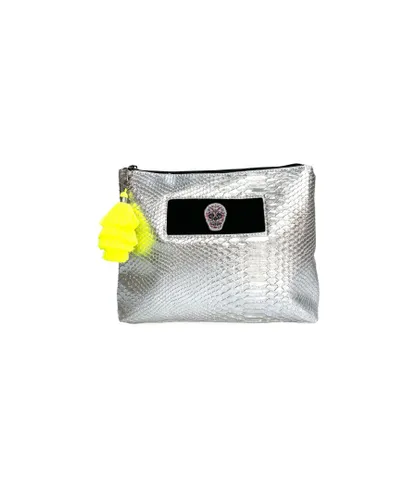 Apatchy London Womens Silver Snakeskin Wash Bag With Flower Skull & Neon Yellow Tassel Faux Leather - One Size
