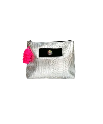 Apatchy London Womens Silver Snakeskin Wash Bag With Retro Daisy & Neon Pink Tassel Faux Leather - One Size