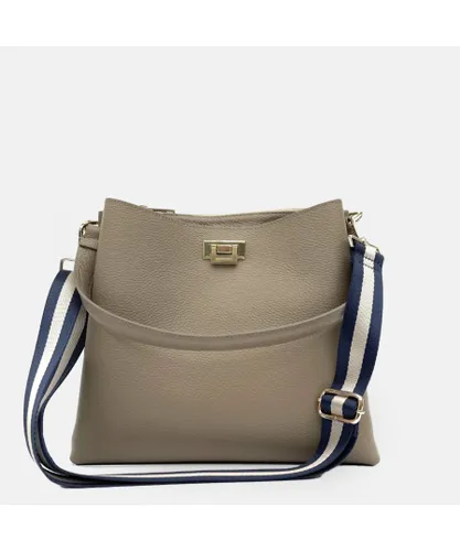Apatchy London Womens Taupe Leather Tote Bag With Navy & Gold Stripe Strap - Beige - One Size