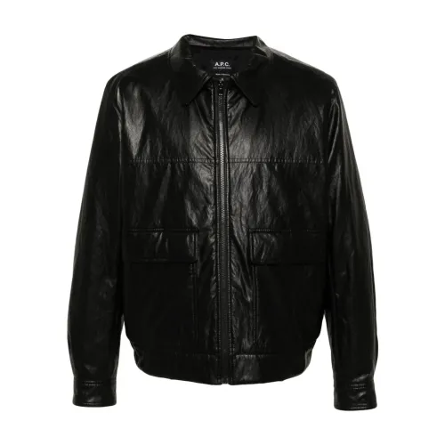 A.p.c. , Black Leather Jacket with Shirt-style Collar ,Black male, Sizes: