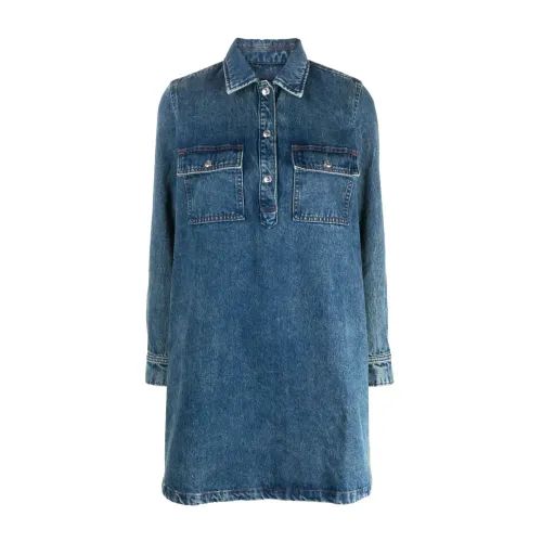 A.p.c. , Blue Denim Dress with Long Sleeves and Polo Collar ,Blue female, Sizes: