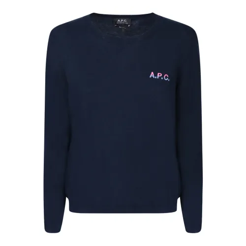 A.p.c. , Blue Fine Knit Sweater with Embroidered Logo ,Blue female, Sizes: