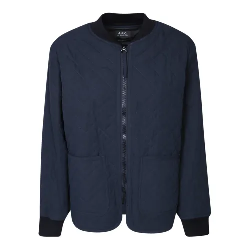 A.p.c. , Quilted Blue Jacket with Ribbed Collar and Logo Print ,Blue female, Sizes: