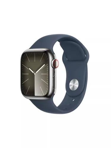 Apple Watch Series 9 GPS + Cellular, 41mm, Stainless Steel Case, Sport Band, Medium-Large - Silver/Storm Blue - Unisex