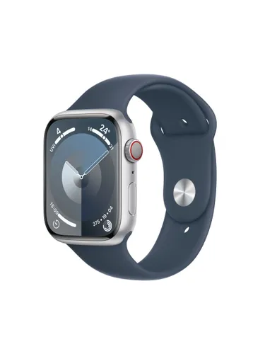 Apple Watch Series 9 GPS + Cellular, 45mm, Aluminium Case, Sport Band, Small-Medium - Silver/Storm Blue - Unisex