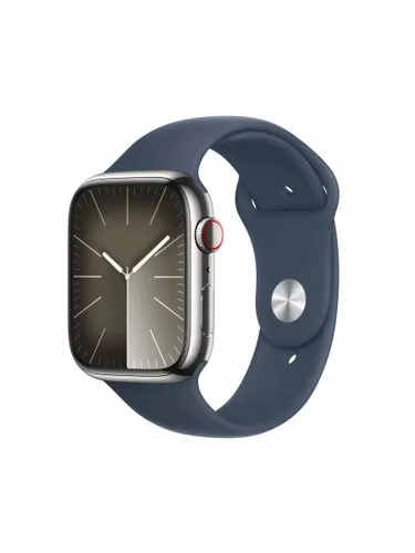 Apple Watch Series 9 GPS + Cellular, 45mm, Stainless Steel Case, Sport Band, Medium-Large - Silver/Storm Blue - Unisex