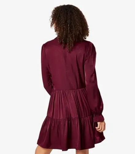 Apricot Burgundy Long Sleeve Tiered Mini Shirt Dress New Look