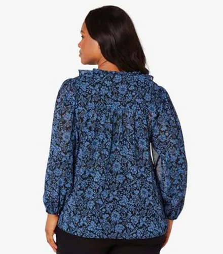 Apricot Curves Blue Floral Ruffle V Neck Top New Look