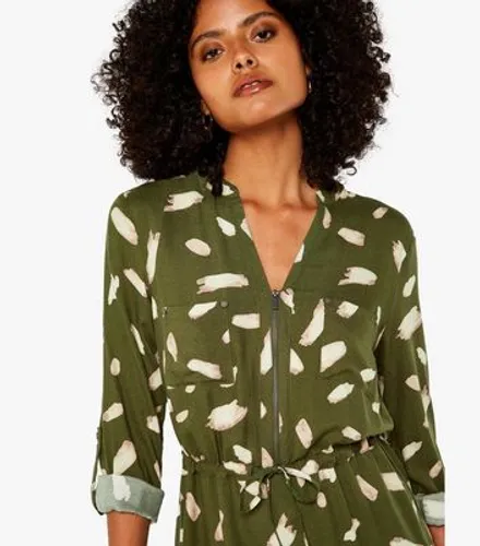 Apricot Green Abstract Print Zip Front Mini Shirt Dress New Look
