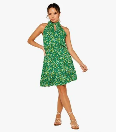 Apricot Green Ditsy Floral Keyhole Twist Halter Neck Mini Dress New Look
