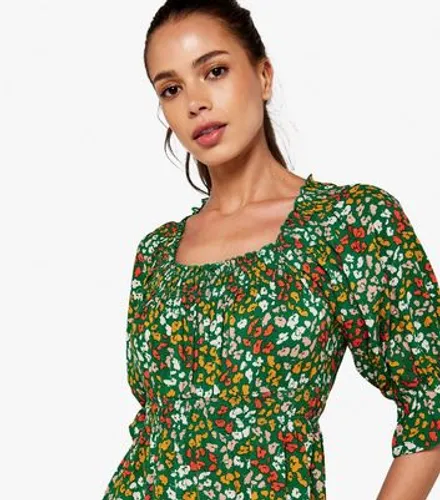 Apricot Green Ditsy Floral Shirred Square Neck Mini Dress New Look