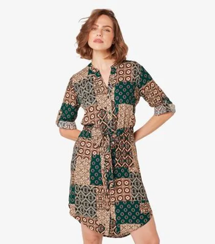 Apricot Green Patchwork Belted Mini Shirt Dress New Look